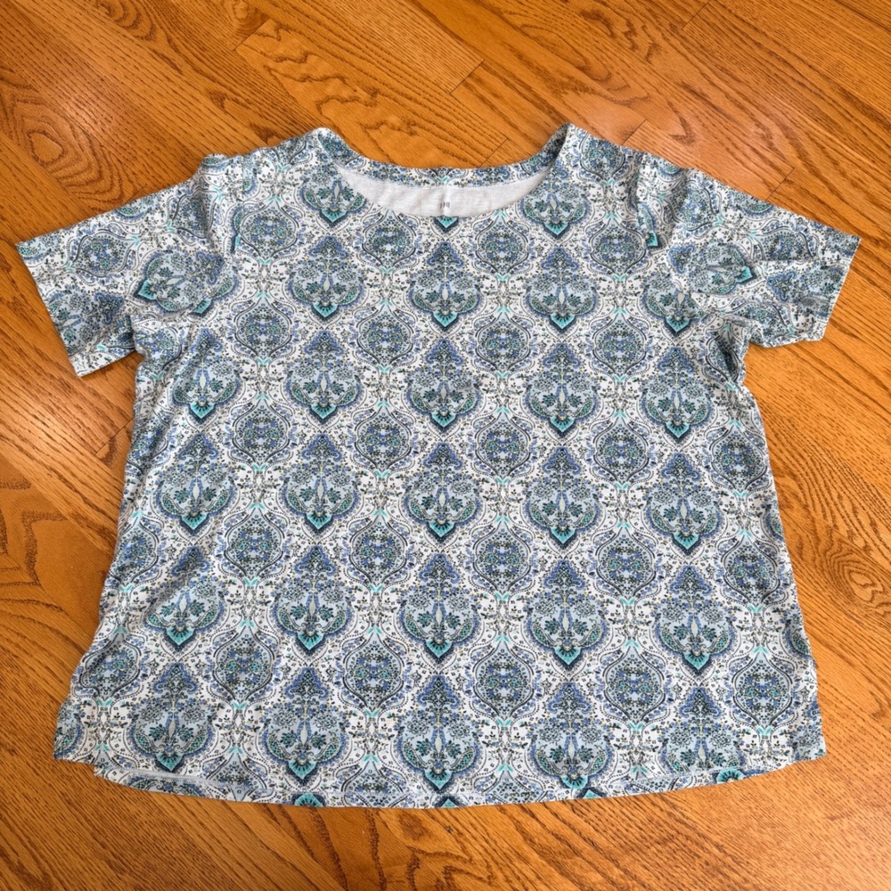 J. Jill Pima Slub Scoop Neck Side Slit Tee XL Blue Medallion Paisley Cotton Top